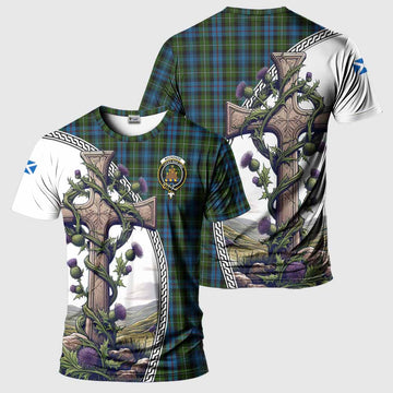 Mackenzie (Mckenzie) Tartan T-Shirt with Family Crest and St. Andrew's Cross Accented by Thistle Vines