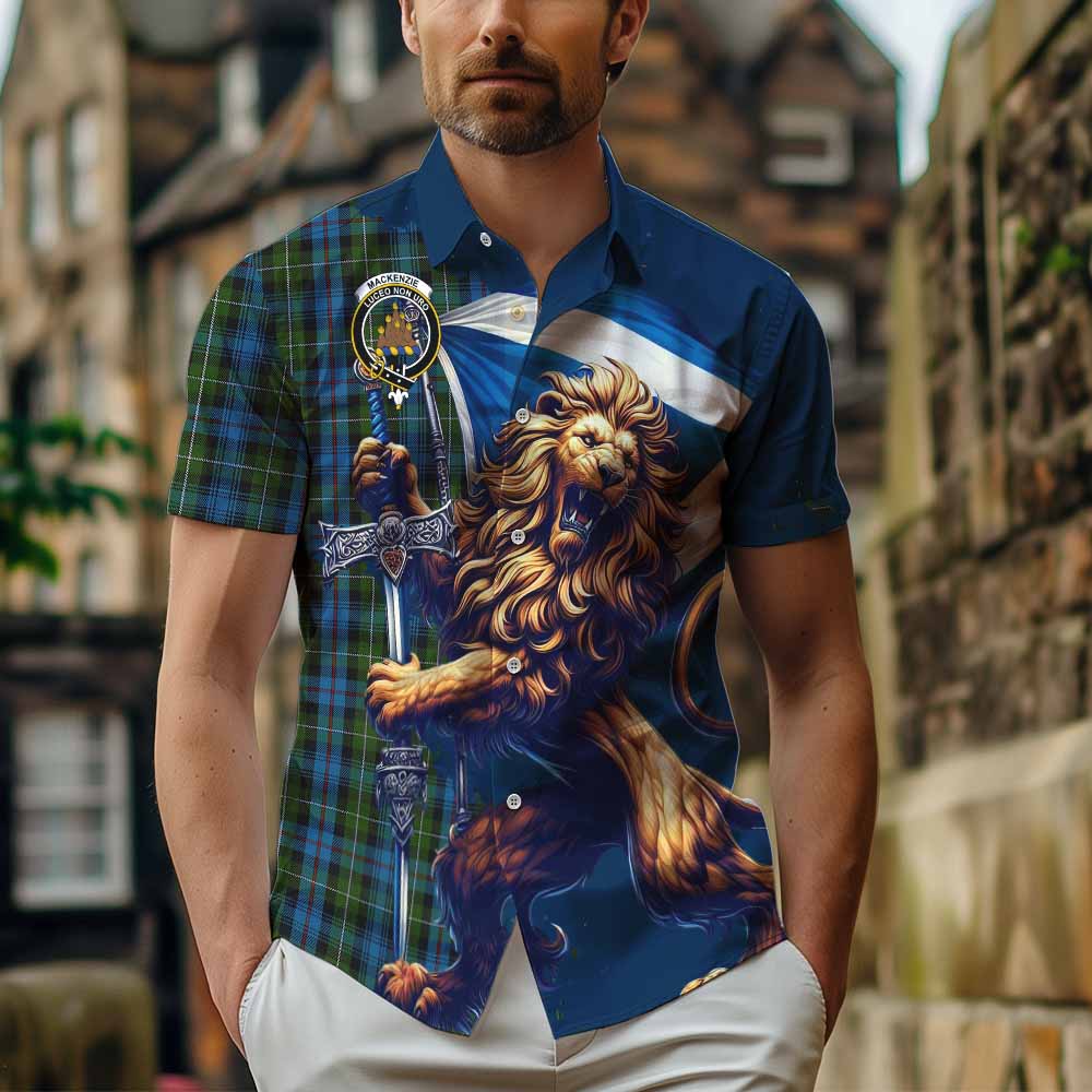 Tartan Vibes Clothing Mackenzie (Mckenzie) Tartan Family Crest Short Sleeve Button Shirt with Scottish Majestic Lion