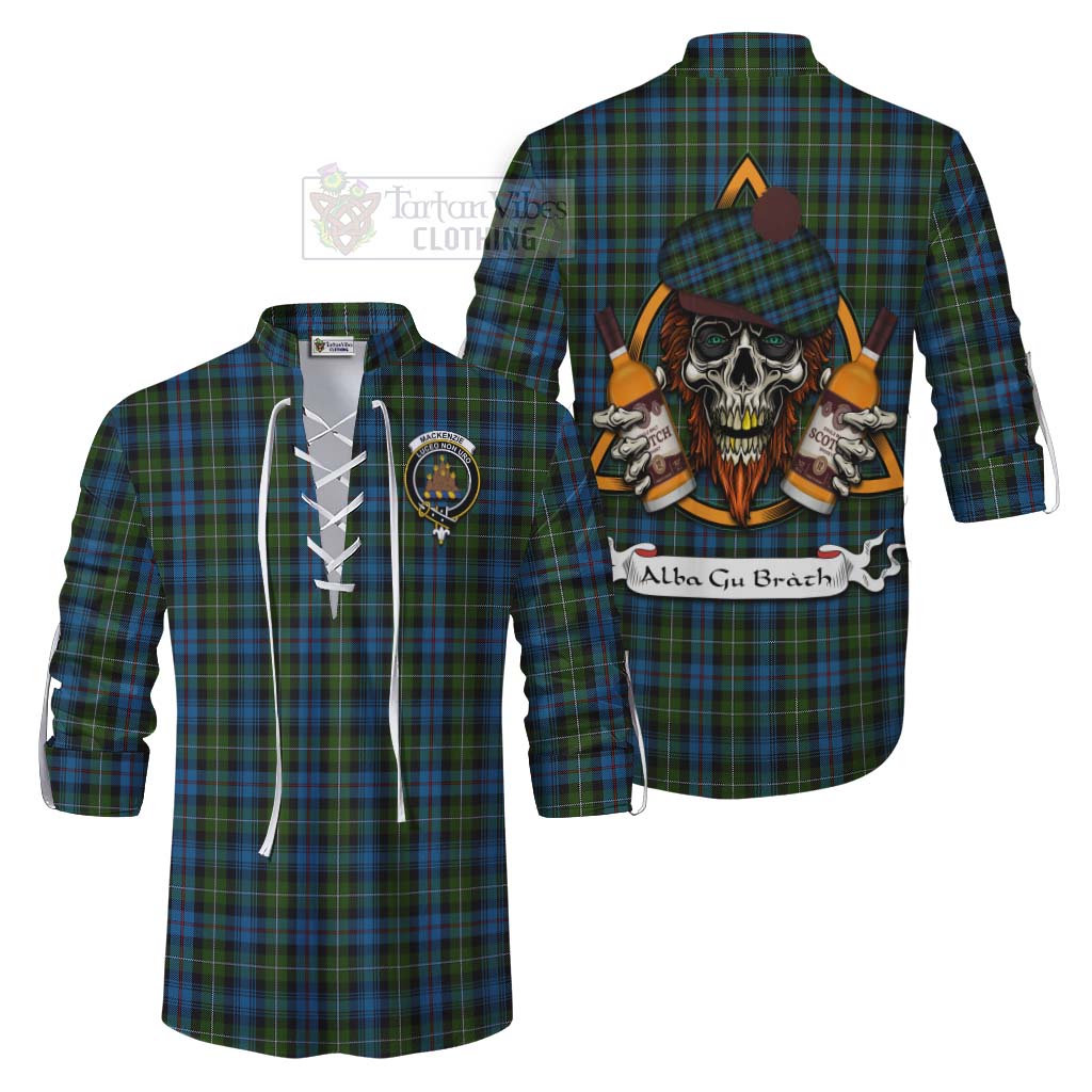 Tartan Vibes Clothing Mackenzie (Mckenzie) Tartan Ghillie Kilt Shirt with Family Crest and Bearded Skull Holding Bottles of Whiskey