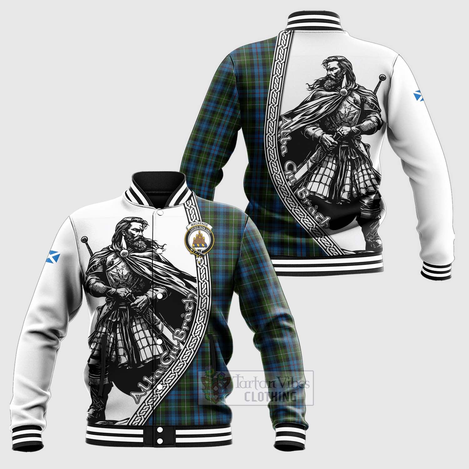 Tartan Vibes Clothing Mackenzie (Mckenzie) Tartan Clan Crest Baseball Jacket with Highlander Warrior Celtic Style