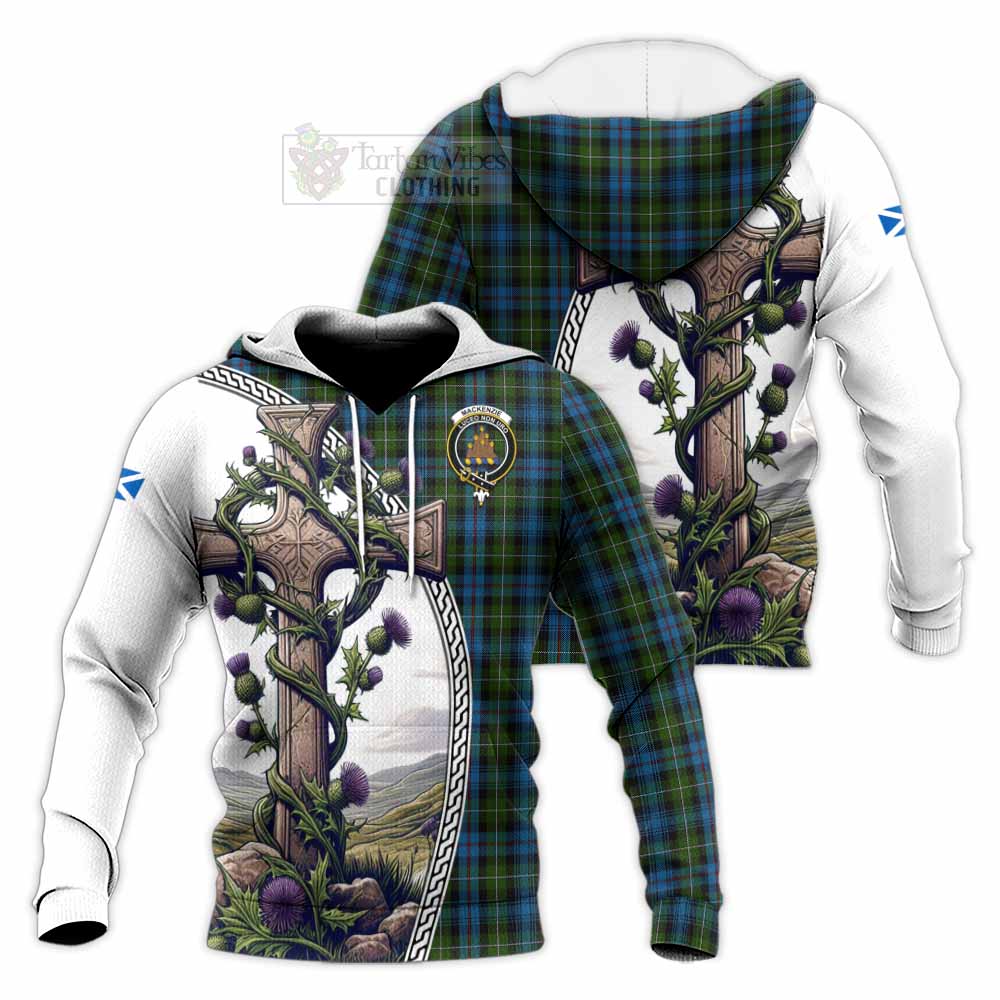 Tartan Vibes Clothing Mackenzie (Mckenzie) Tartan Knitted Hoodie with Family Crest and St. Andrew's Cross Accented by Thistle Vines