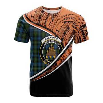 Mackenzie (Mckenzie) Crest Tartan Cotton T-shirt with Polynesian Vibes Style - Orange Version