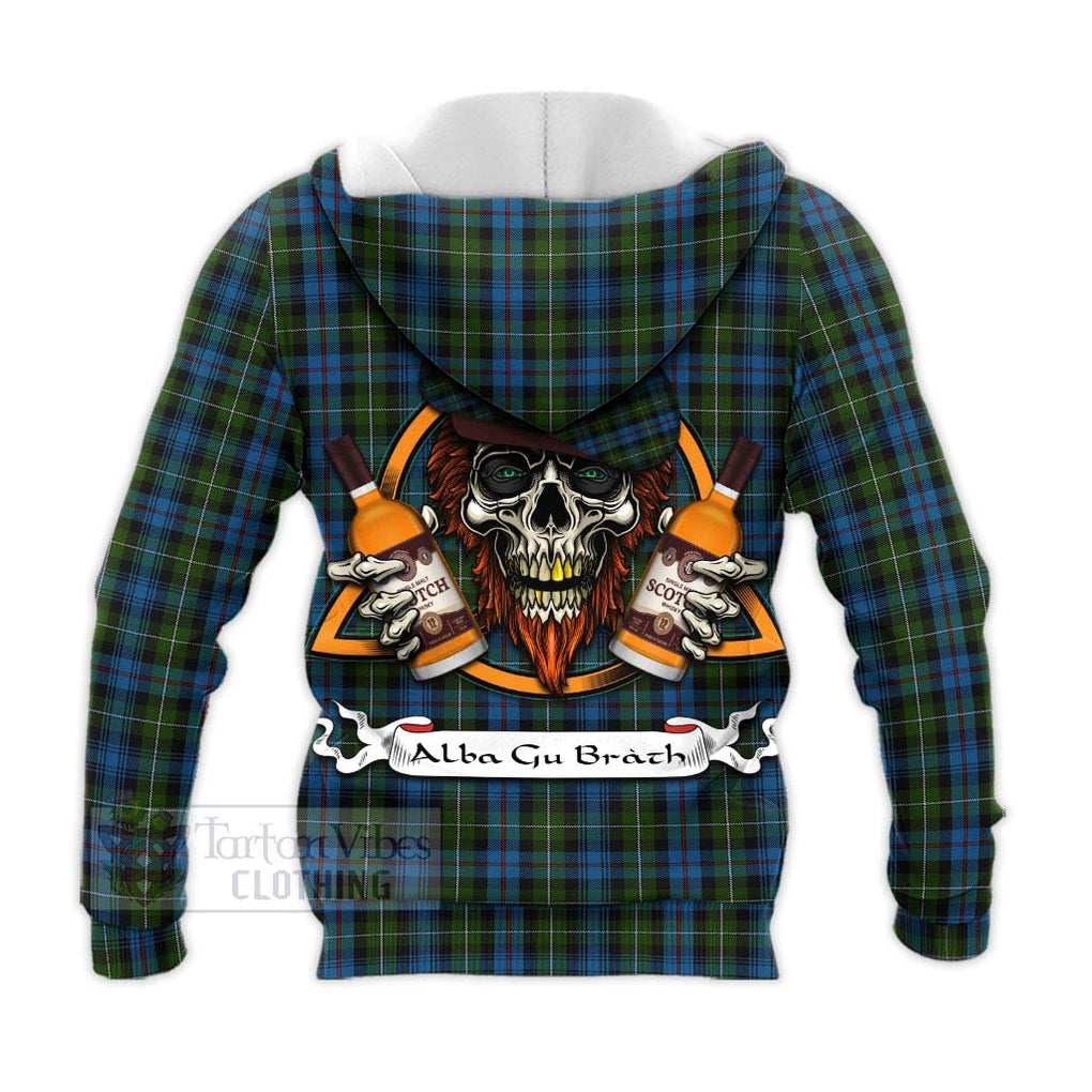 Tartan Vibes Clothing Mackenzie (Mckenzie) Tartan Knitted Hoodie with Family Crest and Bearded Skull Holding Bottles of Whiskey