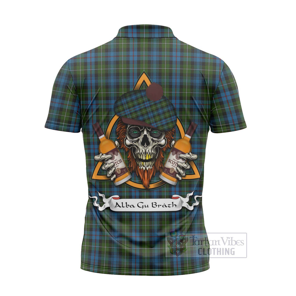 Tartan Vibes Clothing Mackenzie (Mckenzie) Tartan Zipper Polo Shirt with Family Crest and Bearded Skull Holding Bottles of Whiskey