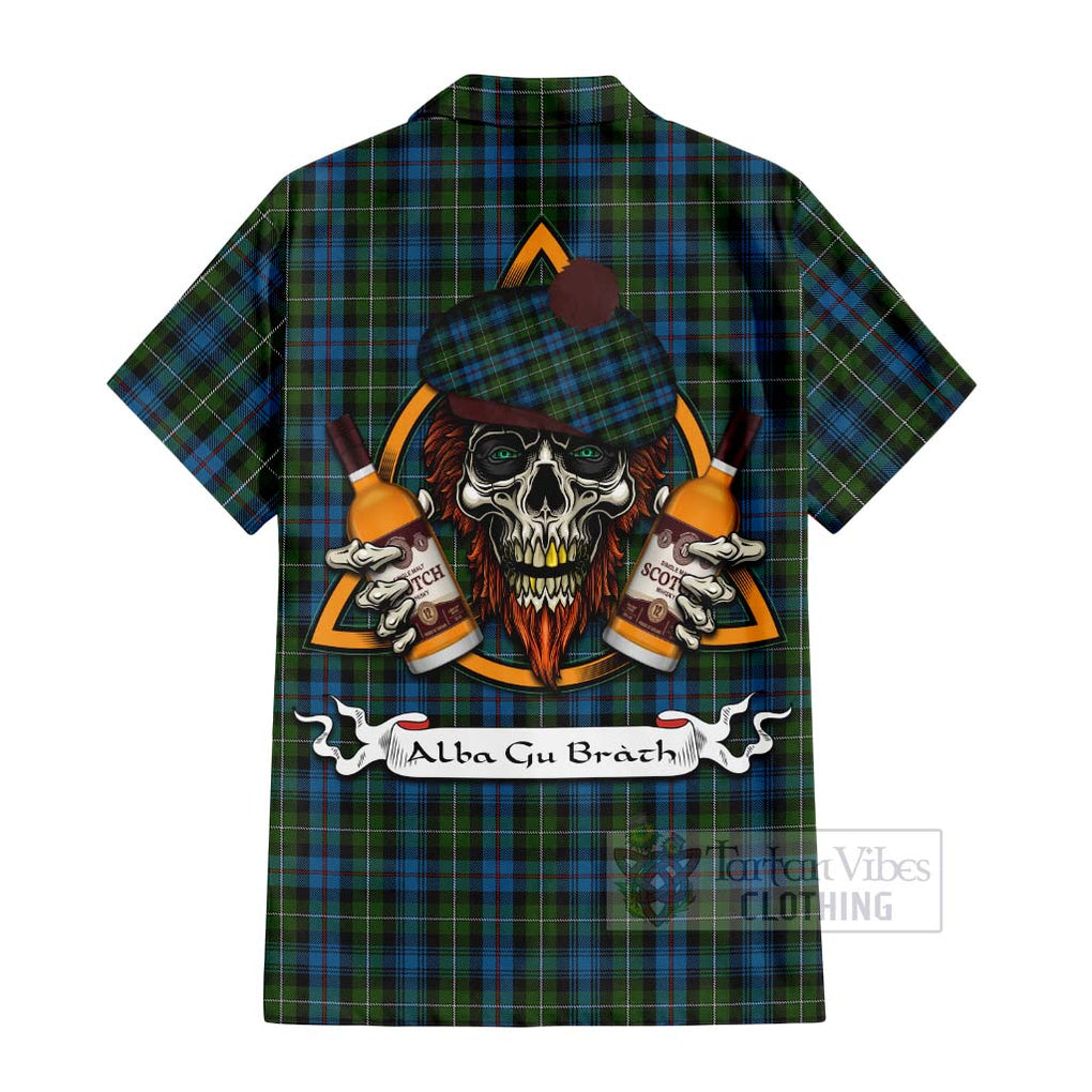 Tartan Vibes Clothing Mackenzie (Mckenzie) Tartan Short Sleeve Button Shirt with Family Crest and Bearded Skull Holding Bottles of Whiskey