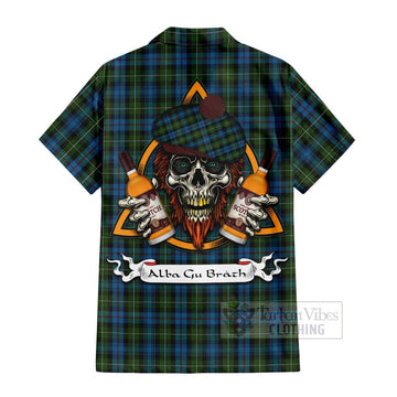 Mackenzie (Mckenzie) Tartan Short Sleeve Button Shirt with Family Crest and Bearded Skull Holding Bottles of Whiskey