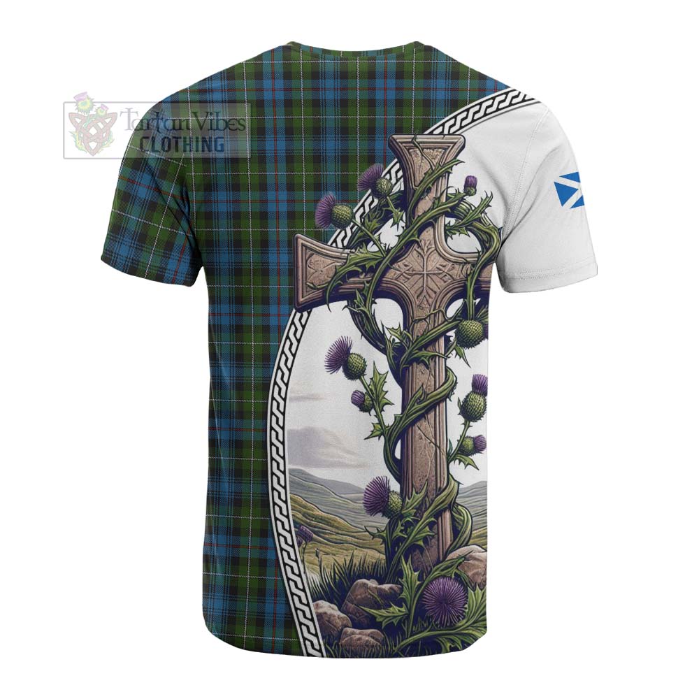 Tartan Vibes Clothing Mackenzie (Mckenzie) Tartan Cotton T-shirt with Family Crest and St. Andrew's Cross Accented by Thistle Vines