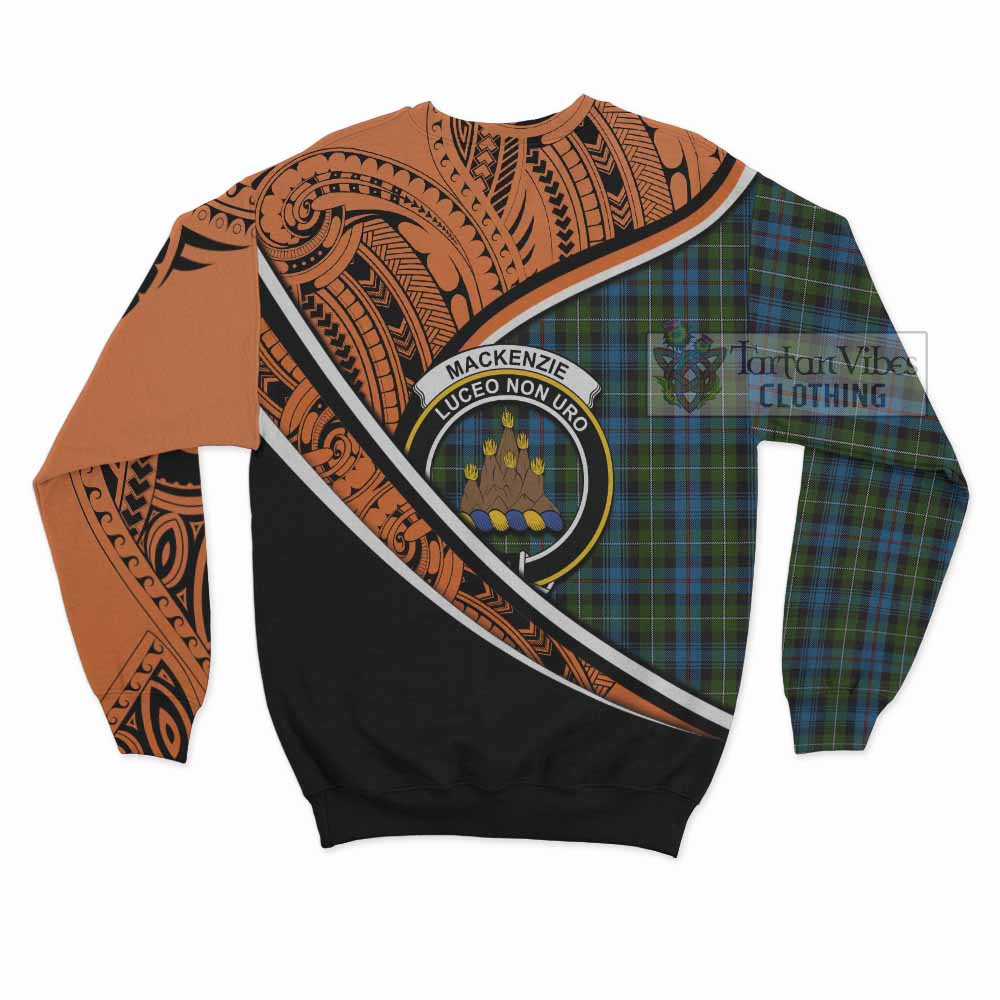 Tartan Vibes Clothing Mackenzie (Mckenzie) Crest Tartan Sweatshirt with Maori Tattoo Style - Orange Version