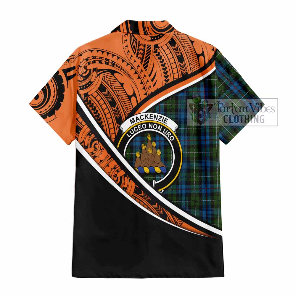 Tartan Vibes Clothing Mackenzie (Mckenzie) Crest Tartan Short Sleeve Button Shirt with Maori Tattoo Style - Orange Version