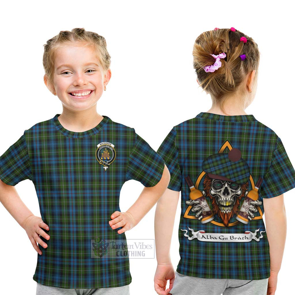 Tartan Vibes Clothing Mackenzie (Mckenzie) Tartan Kid T-Shirt with Family Crest and Bearded Skull Holding Bottles of Whiskey