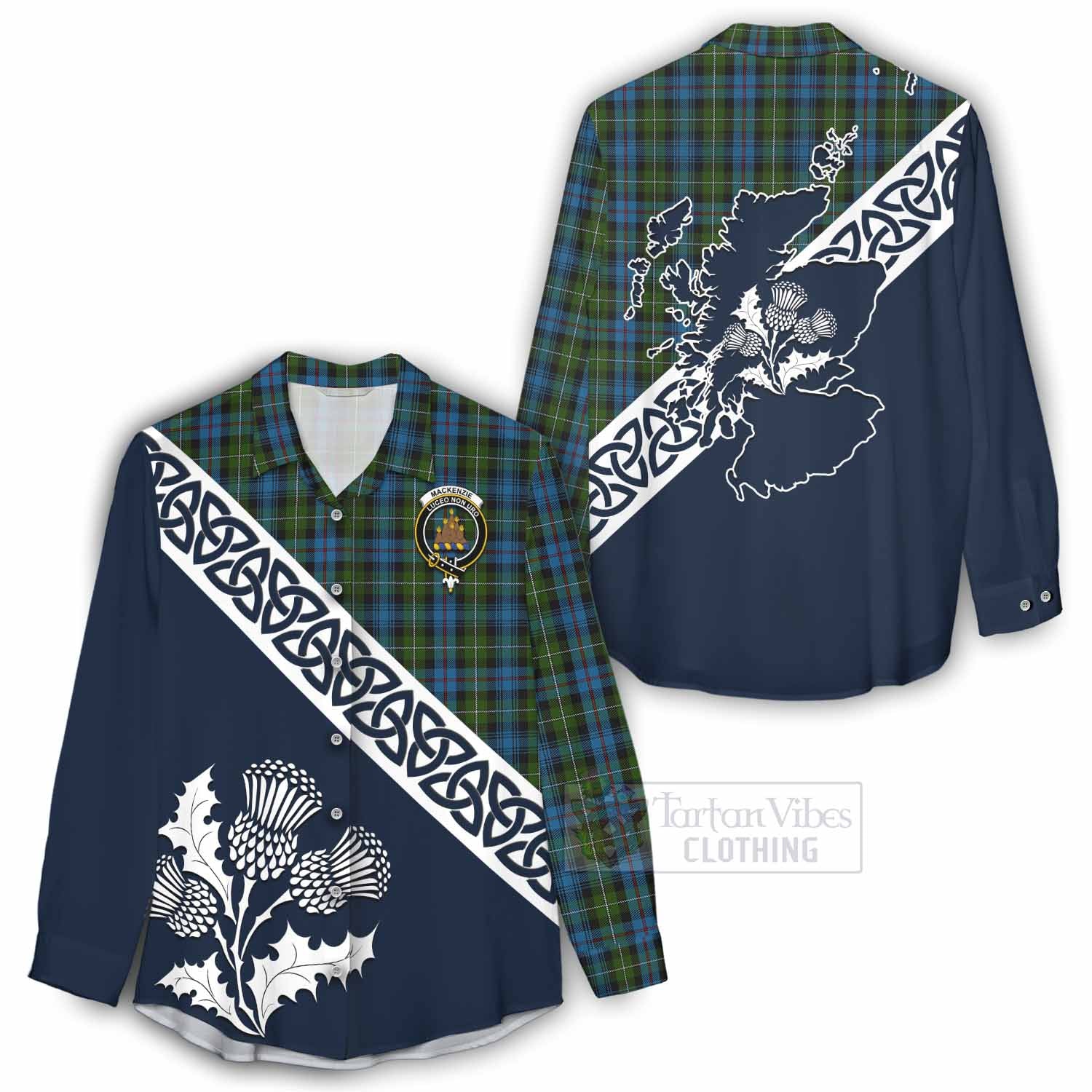 Tartan Vibes Clothing Mackenzie (Mckenzie) Tartan Women's Casual Shirt Featuring Thistle and Scotland Map