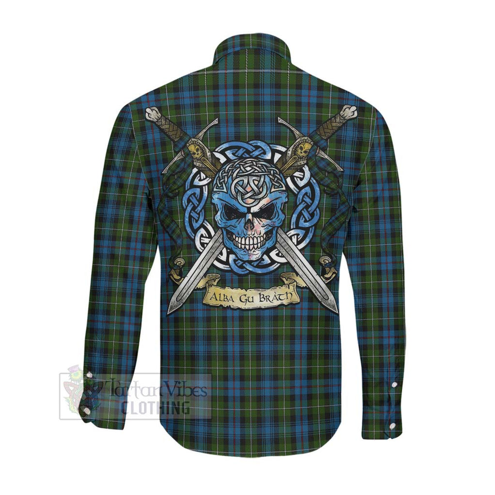 Tartan Vibes Clothing Mackenzie (Mckenzie) Tartan Long Sleeve Button Shirt with Family Crest Celtic Skull Style