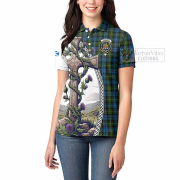 Mackenzie (Mckenzie) Tartan Women's Polo Shirt with Family Crest and St. Andrew's Cross Accented by Thistle Vines