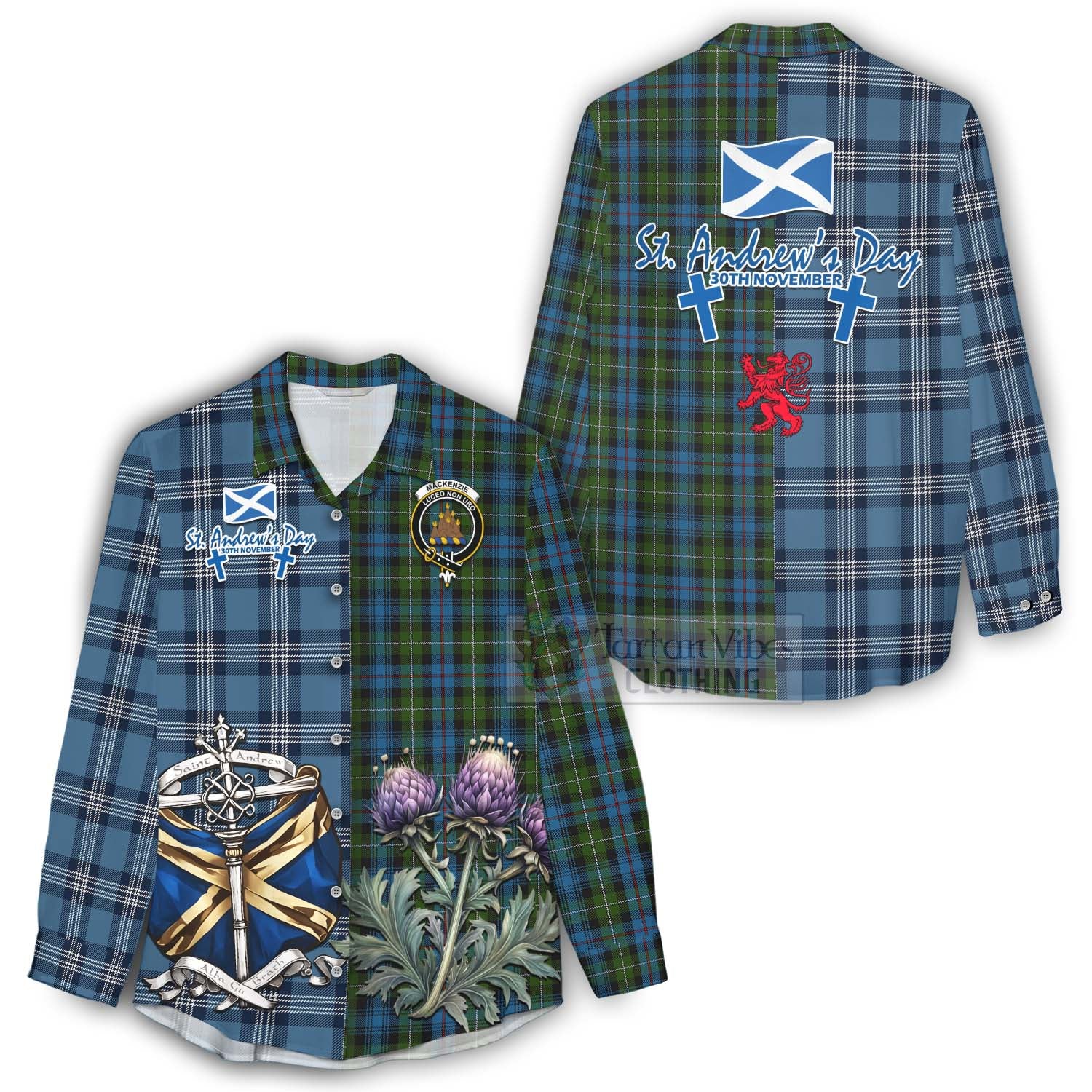 Tartan Vibes Clothing Mackenzie (Mckenzie) Tartan Women's Casual Shirt Happy St. Andrew's Day Half Tartan Style