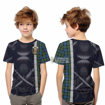 Mackenzie (Mckenzie) Tartan Kid T-Shirt with Family Crest Cross Sword Thistle Celtic Vibes