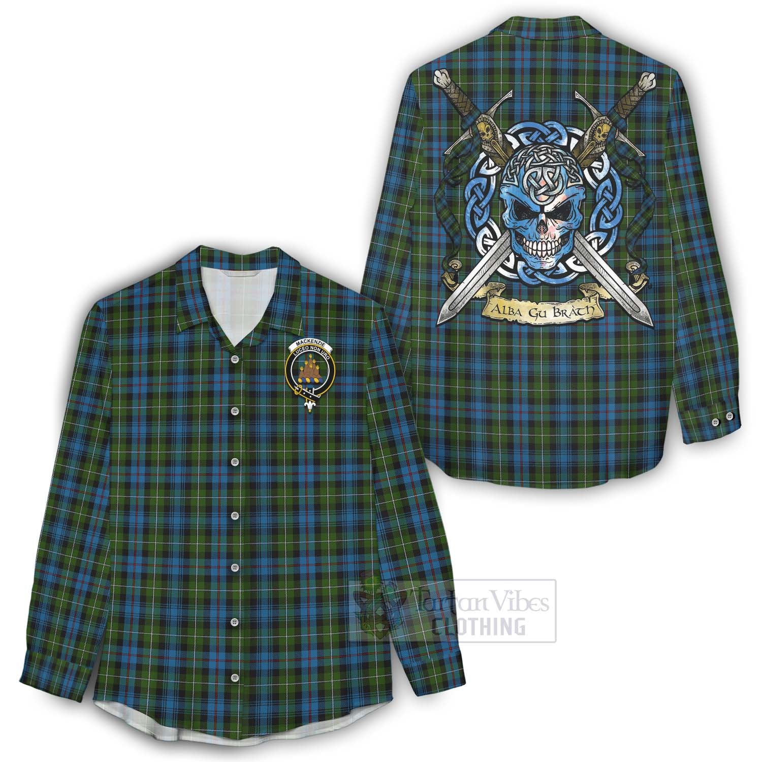 Tartan Vibes Clothing Mackenzie (Mckenzie) Tartan Women's Casual Shirt with Family Crest Celtic Skull Style