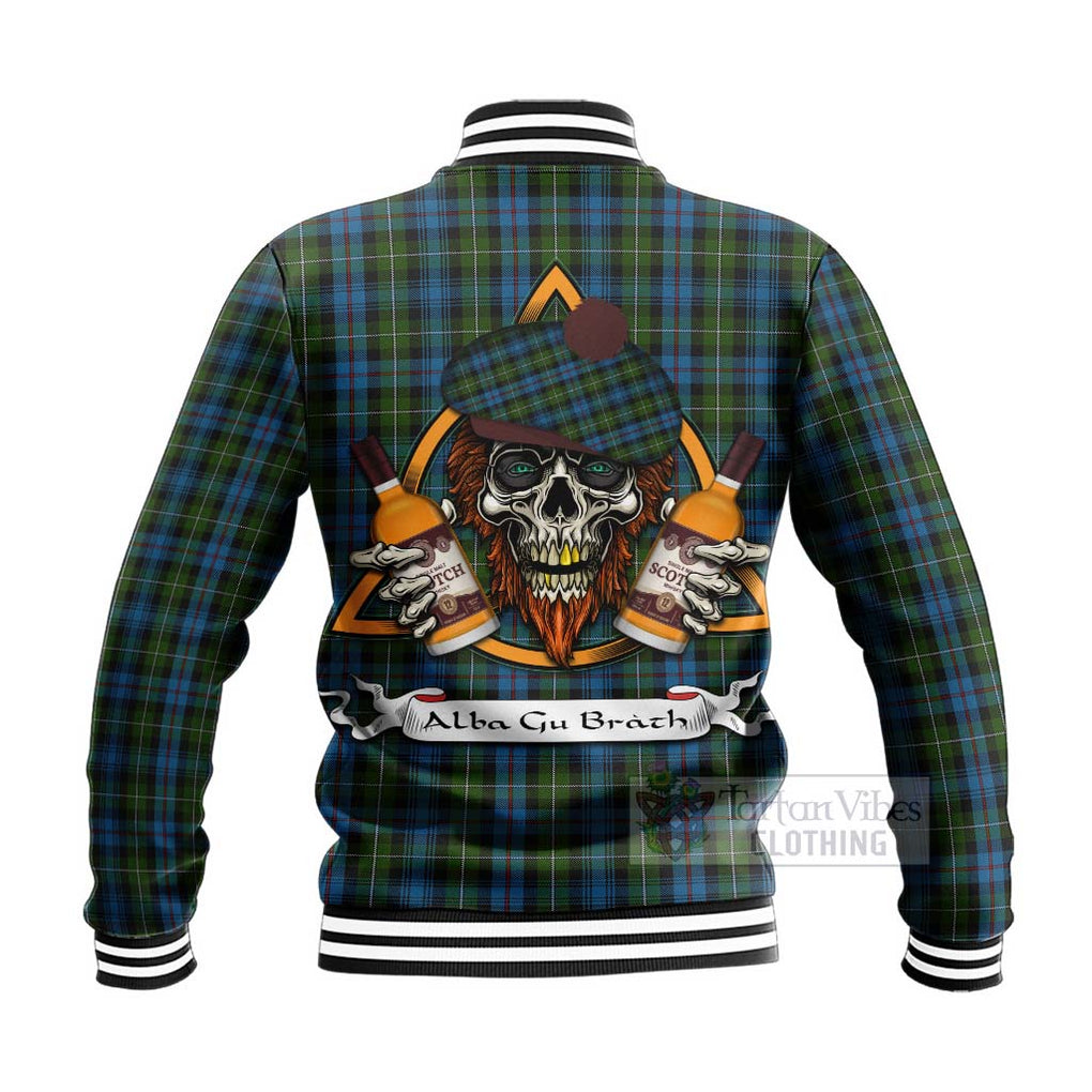 Tartan Vibes Clothing Mackenzie (Mckenzie) Tartan Baseball Jacket with Family Crest and Bearded Skull Holding Bottles of Whiskey