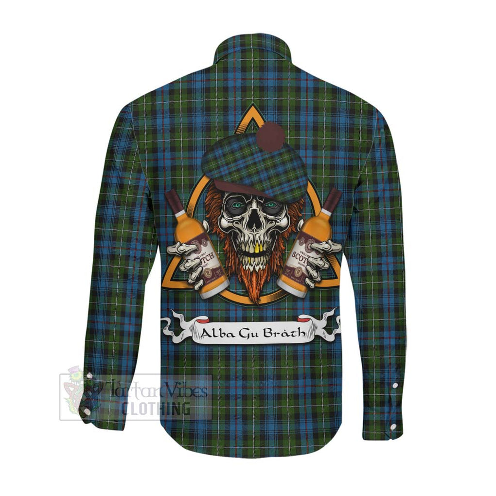 Tartan Vibes Clothing Mackenzie (Mckenzie) Tartan Long Sleeve Button Shirt with Family Crest and Bearded Skull Holding Bottles of Whiskey