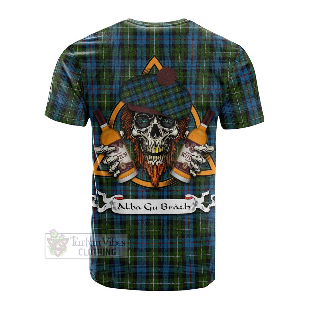 Tartan Vibes Clothing Mackenzie (Mckenzie) Tartan Cotton T-shirt with Family Crest and Bearded Skull Holding Bottles of Whiskey