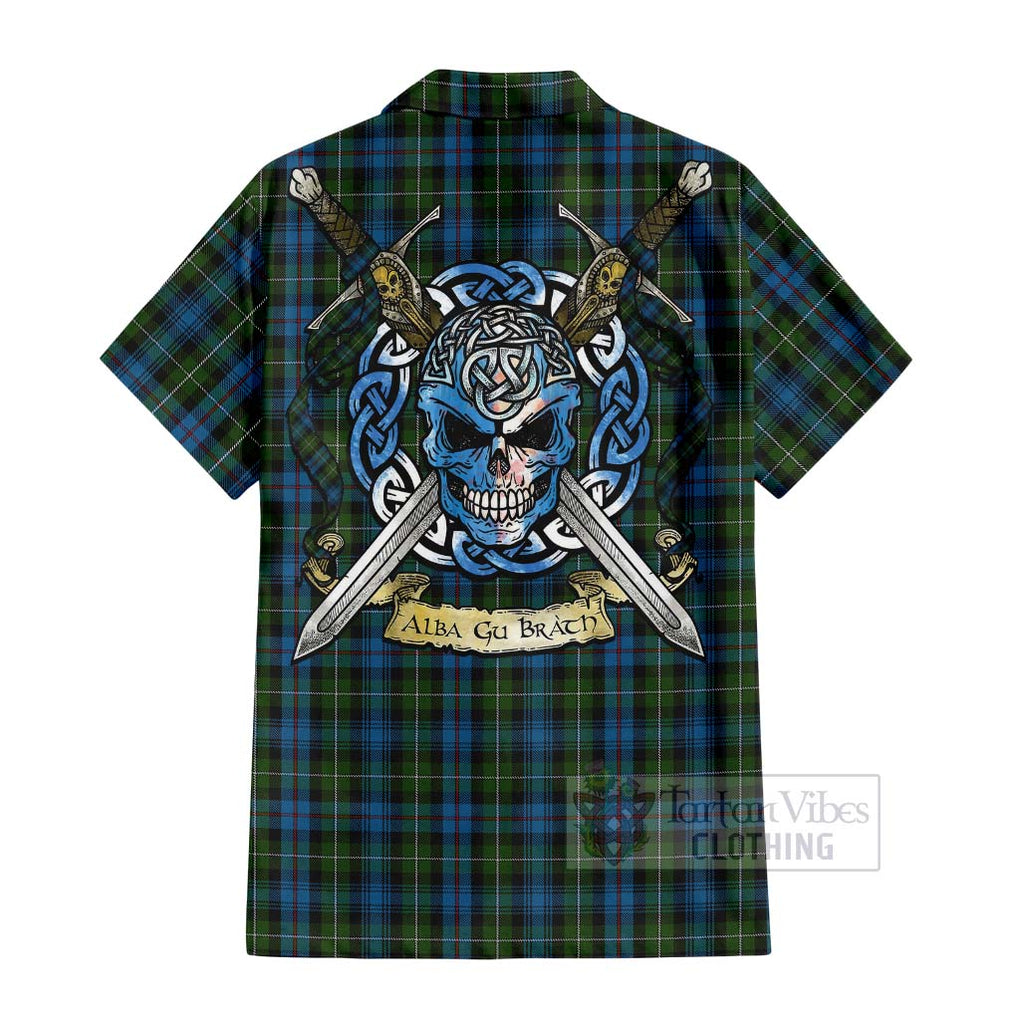 Tartan Vibes Clothing Mackenzie (Mckenzie) Tartan Short Sleeve Button Shirt with Family Crest Celtic Skull Style