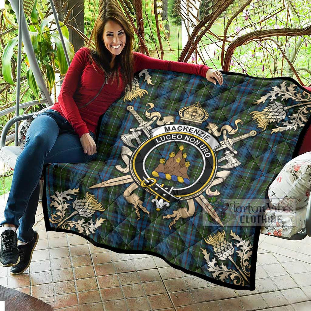 Tartan Vibes Clothing Mackenzie (Mckenzie) Tartan Quilt with Family Crest and Scottish Golden Courage Shield