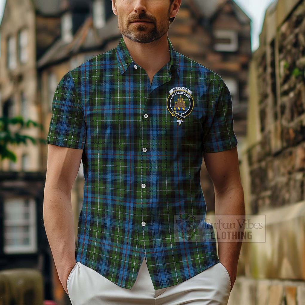 Tartan Vibes Clothing Mackenzie (Mckenzie) Tartan Short Sleeve Button Shirt with Family Crest and Bearded Skull Holding Bottles of Whiskey