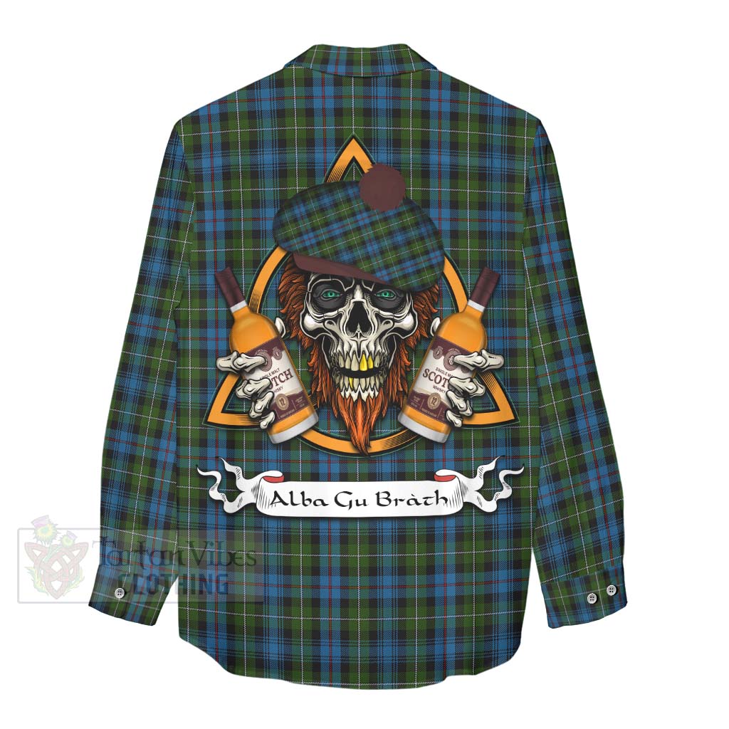 Tartan Vibes Clothing Mackenzie (Mckenzie) Tartan Women's Casual Shirt with Family Crest and Bearded Skull Holding Bottles of Whiskey