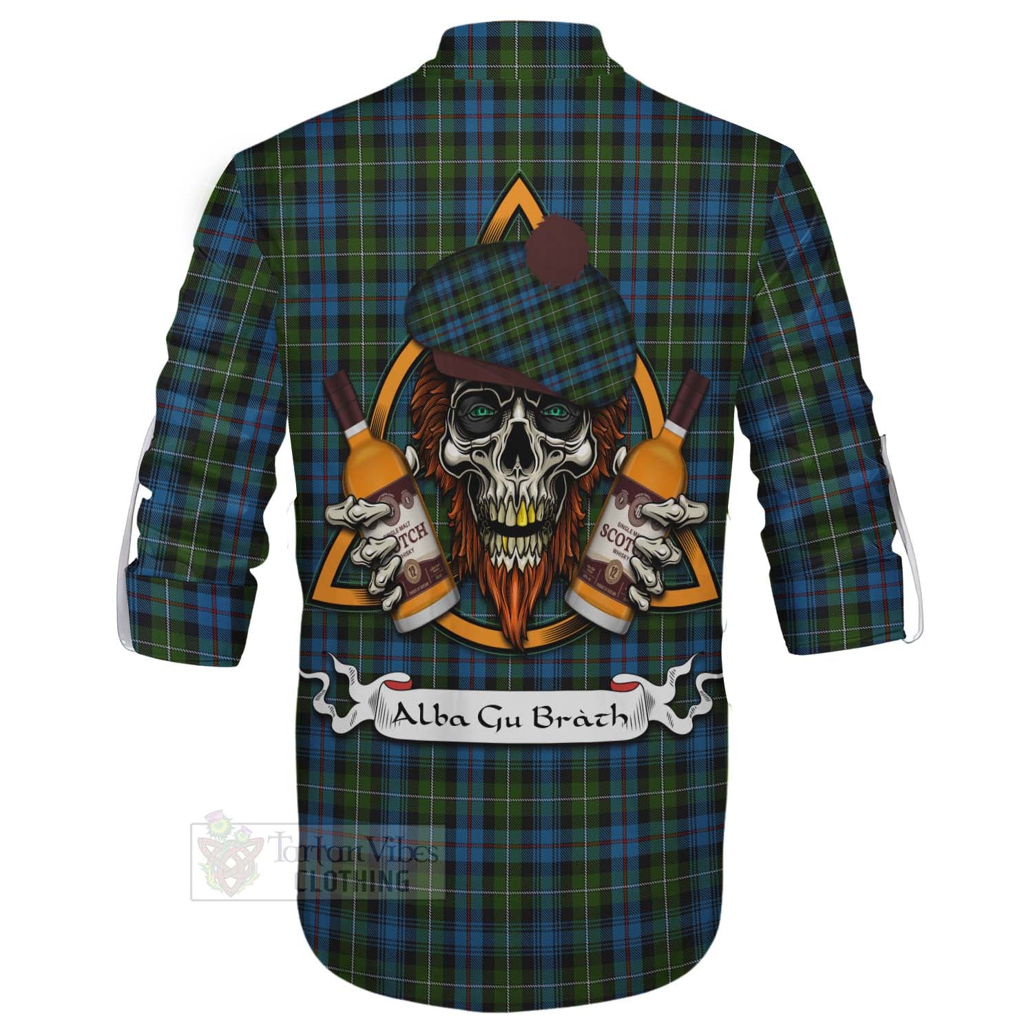 Tartan Vibes Clothing Mackenzie (Mckenzie) Tartan Ghillie Kilt Shirt with Family Crest and Bearded Skull Holding Bottles of Whiskey