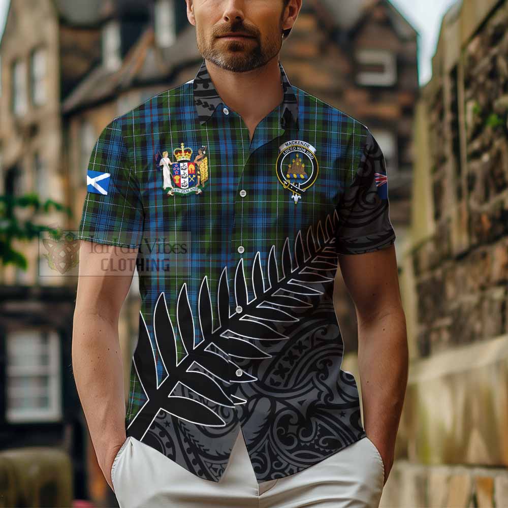 Tartan Vibes Clothing Mackenzie (Mckenzie) Crest Tartan Short Sleeve Button Shirt with New Zealand Silver Fern Half Style