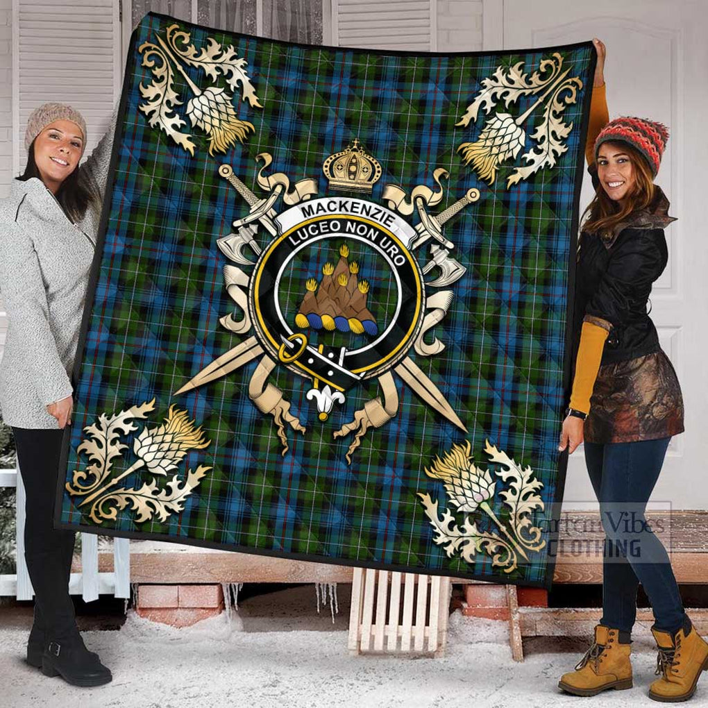 Tartan Vibes Clothing Mackenzie (Mckenzie) Tartan Quilt with Family Crest and Scottish Golden Courage Shield