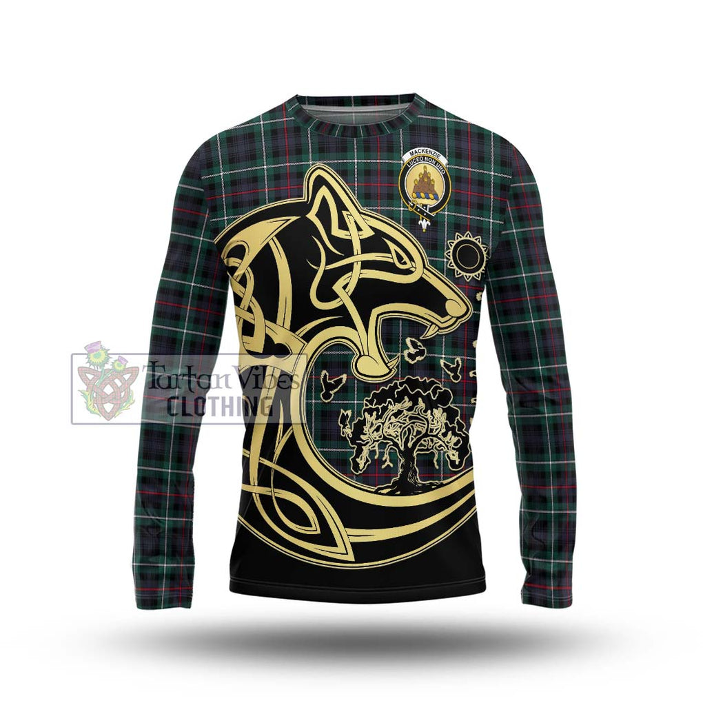 Mackenzie Modern Tartan Long Sleeve T-Shirt with Family Crest Celtic Wolf Style Unisex - Tartan Vibes Clothing