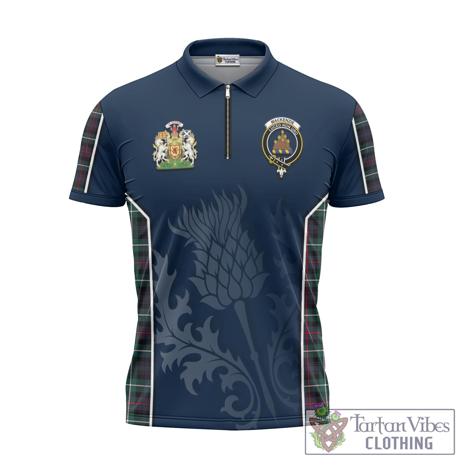 Tartan Vibes Clothing MacKenzie Modern Tartan Zipper Polo Shirt with Family Crest and Scottish Thistle Vibes Sport Style