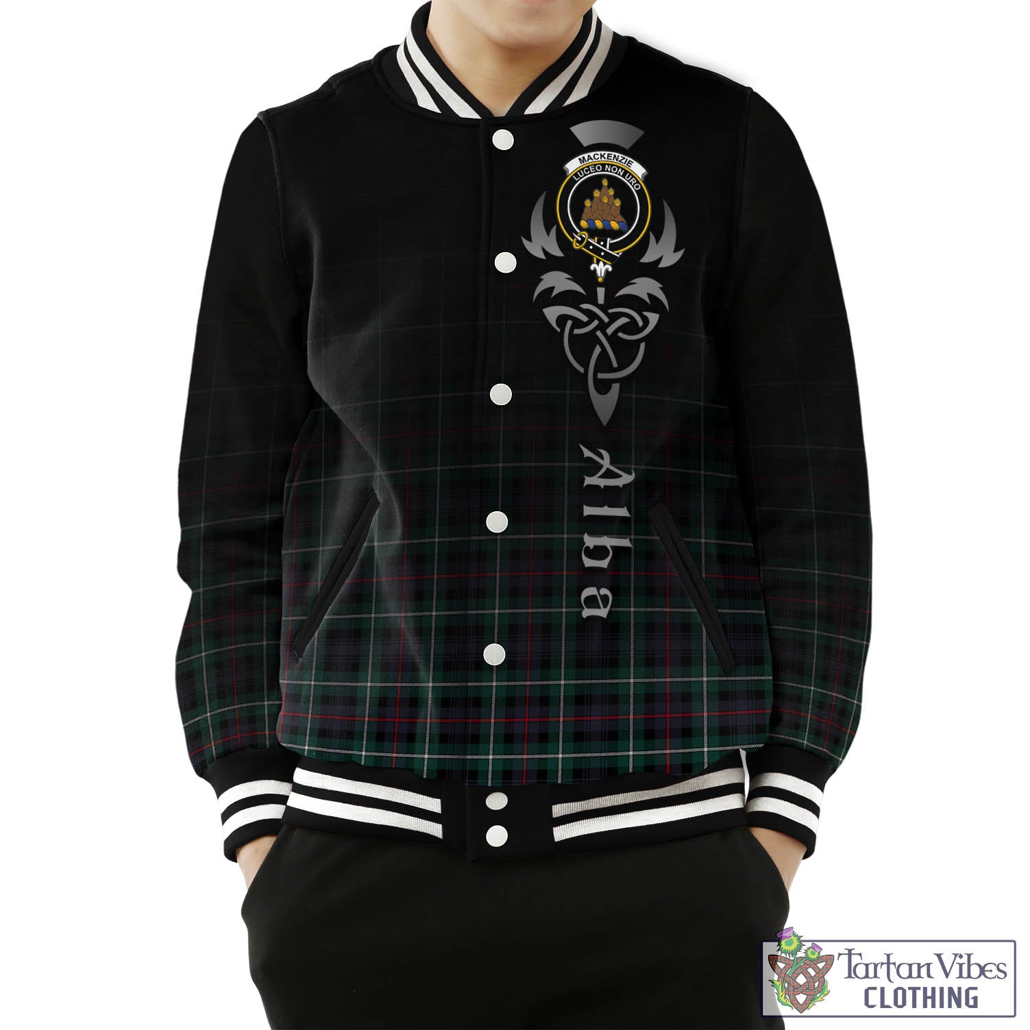 Tartan Vibes Clothing MacKenzie Modern Tartan Baseball Jacket Featuring Alba Gu Brath Family Crest Celtic Inspired