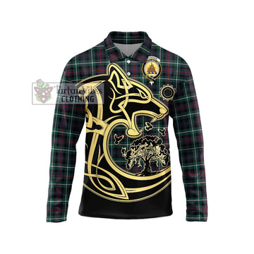 Mackenzie Modern Tartan Long Sleeve Polo Shirt with Family Crest Celtic Wolf Style