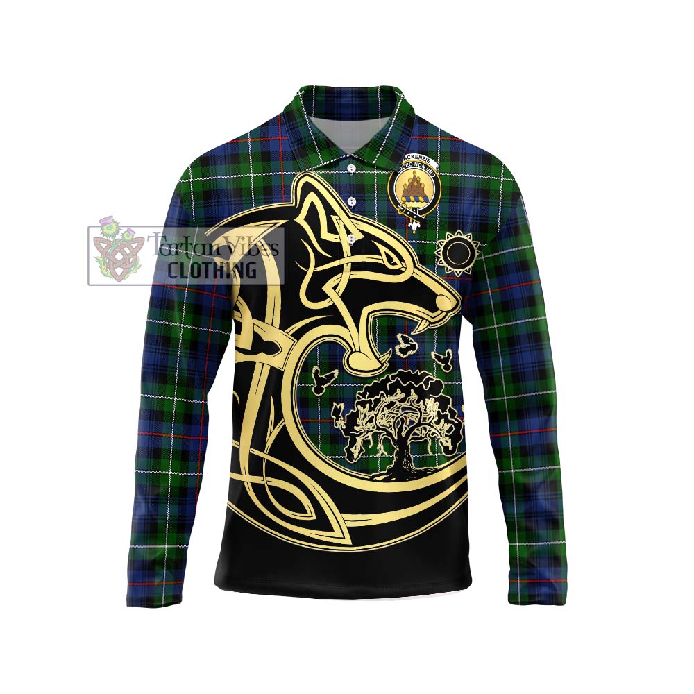 Tartan Vibes Clothing Mackenzie Modern #2 Tartan Long Sleeve Polo Shirt with Family Crest Celtic Wolf Style