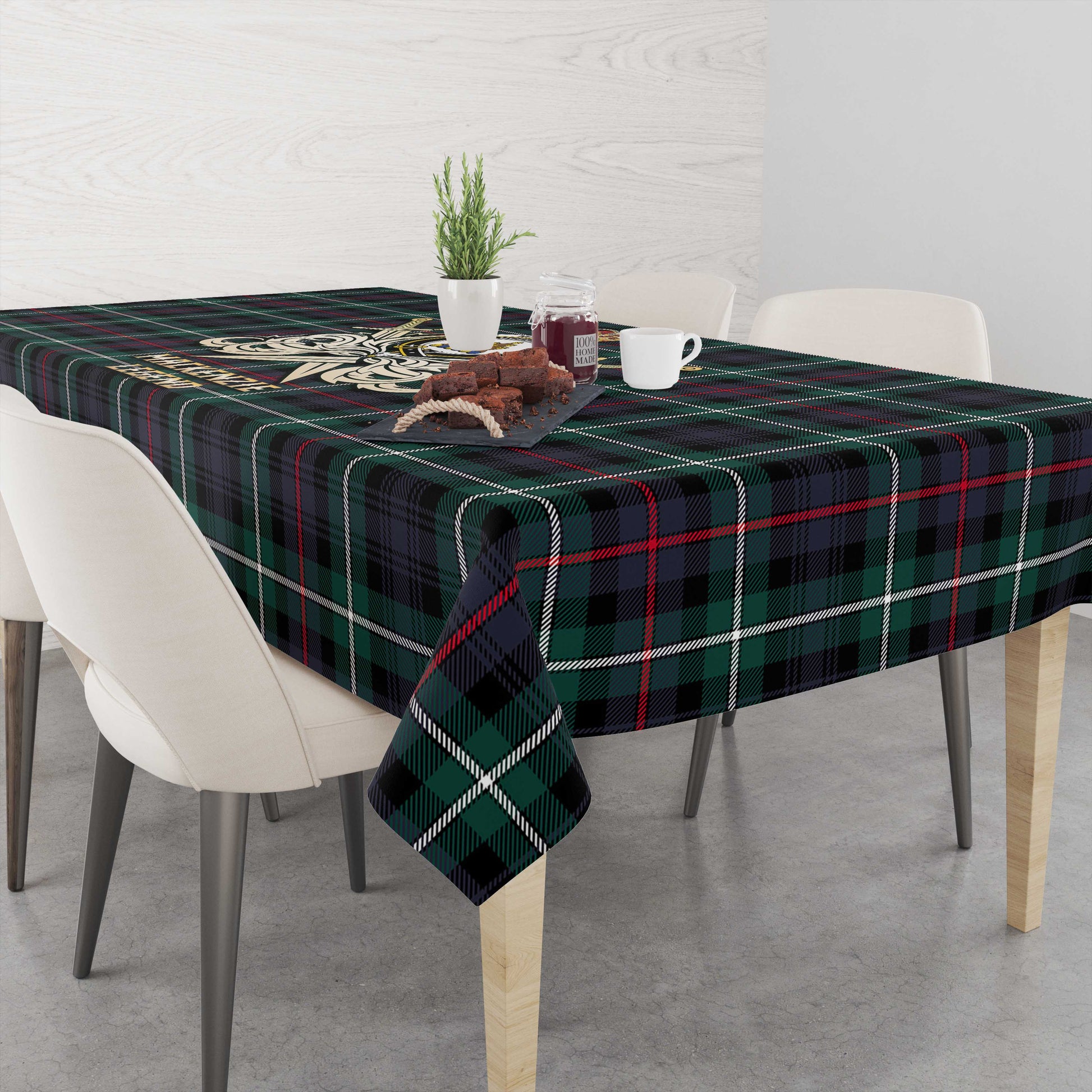 Tartan Vibes Clothing MacKenzie Modern Tartan Tablecloth with Clan Crest and the Golden Sword of Courageous Legacy