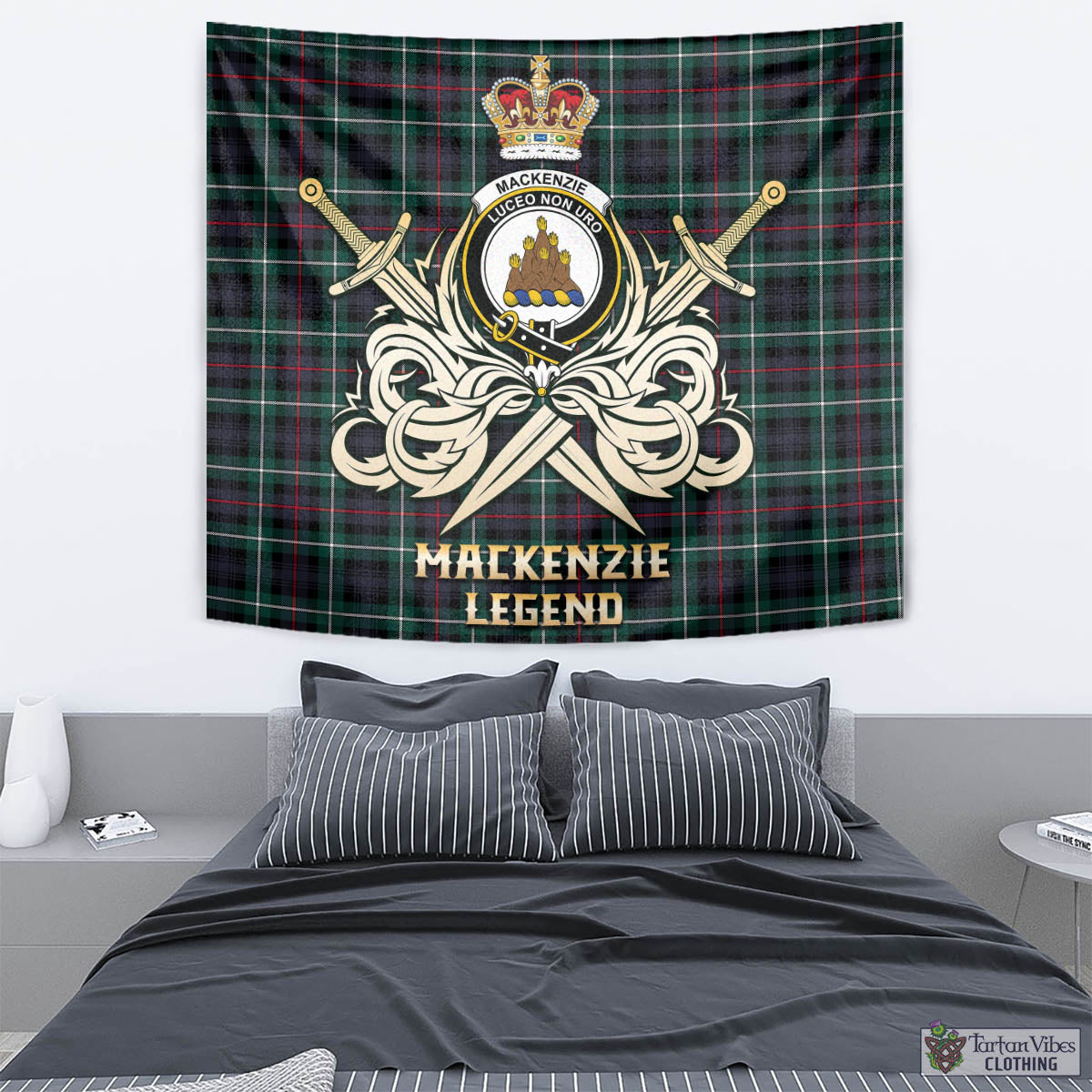 Tartan Vibes Clothing MacKenzie Modern Tartan Tapestry with Clan Crest and the Golden Sword of Courageous Legacy