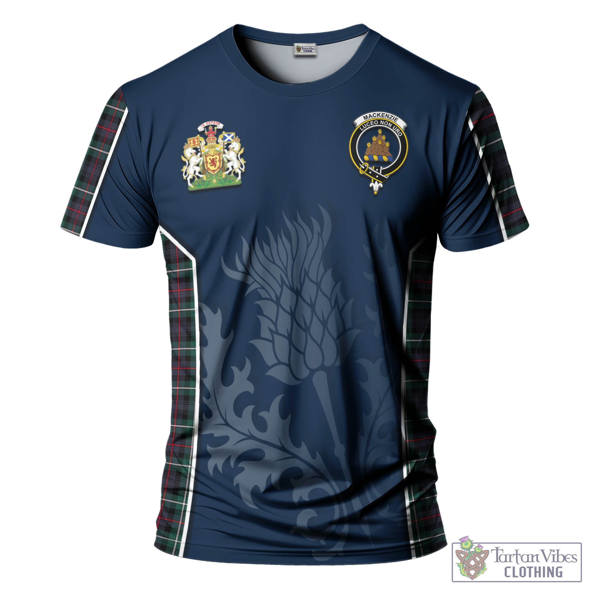 Tartan Vibes Clothing MacKenzie Modern Tartan T-Shirt with Family Crest and Scottish Thistle Vibes Sport Style