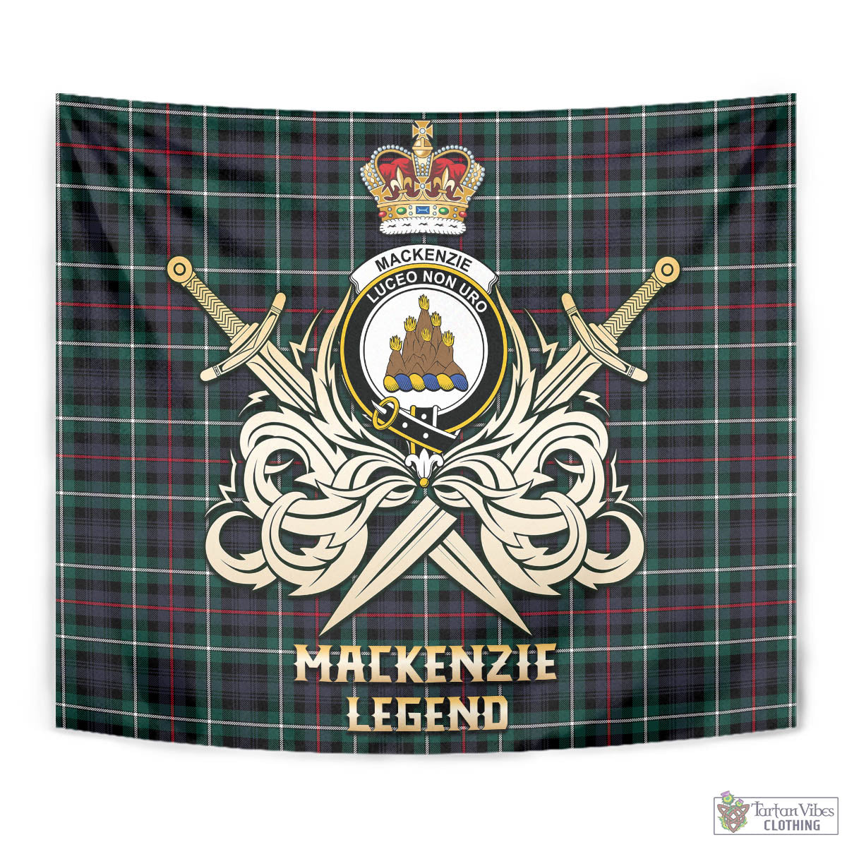 Tartan Vibes Clothing MacKenzie Modern Tartan Tapestry with Clan Crest and the Golden Sword of Courageous Legacy