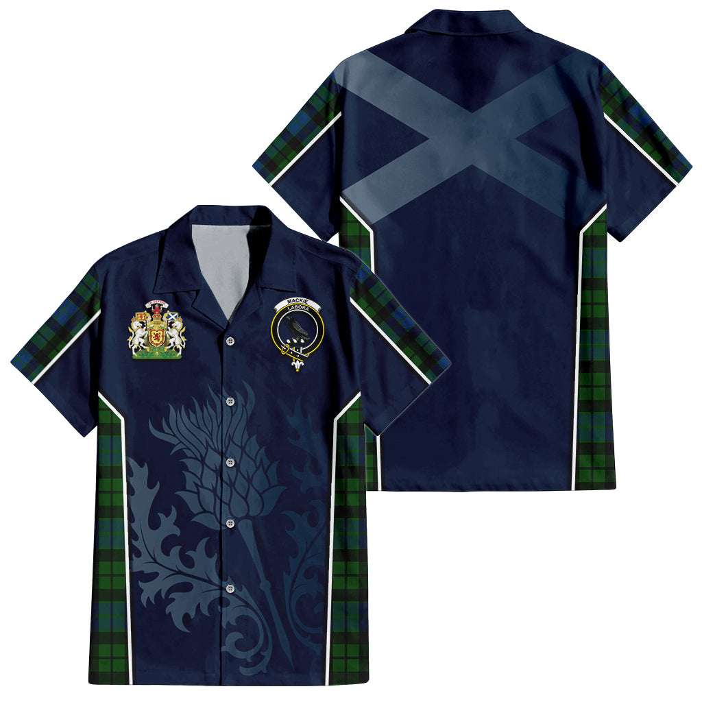 Tartan Vibes Clothing MacKie Tartan Short Sleeve Button Up Shirt with Family Crest and Scottish Thistle Vibes Sport Style