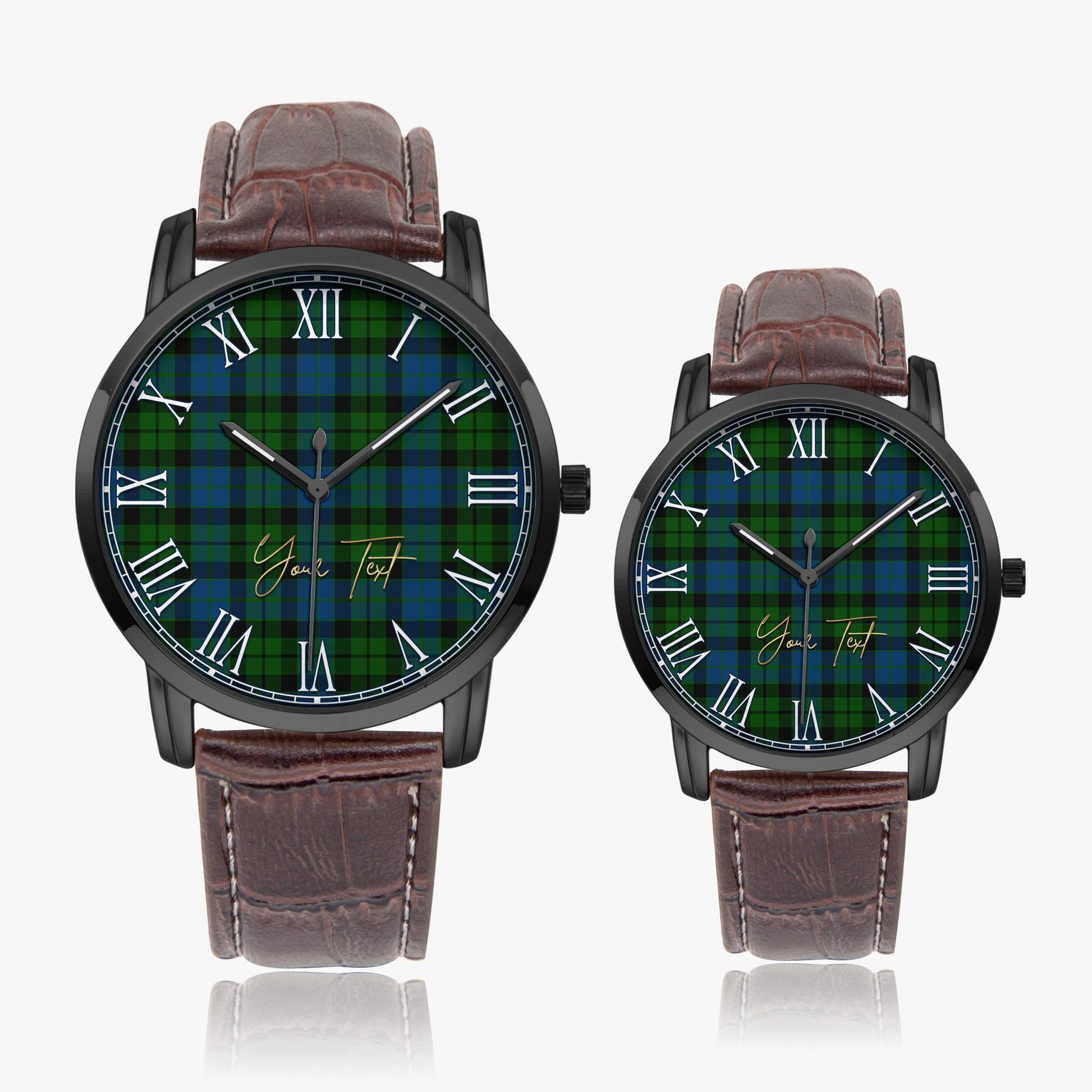 MacKie Tartan Personalized Your Text Leather Trap Quartz Watch Wide Type Black Case With Brown Leather Strap - Tartanvibesclothing