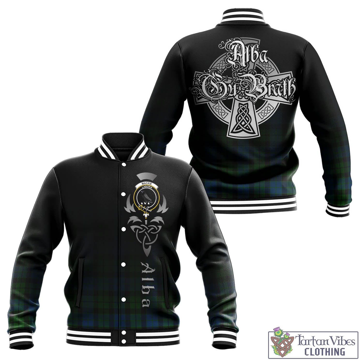 Tartan Vibes Clothing MacKie Tartan Baseball Jacket Featuring Alba Gu Brath Family Crest Celtic Inspired