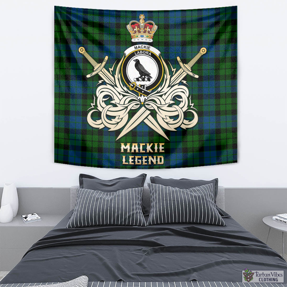 Tartan Vibes Clothing MacKie Tartan Tapestry with Clan Crest and the Golden Sword of Courageous Legacy