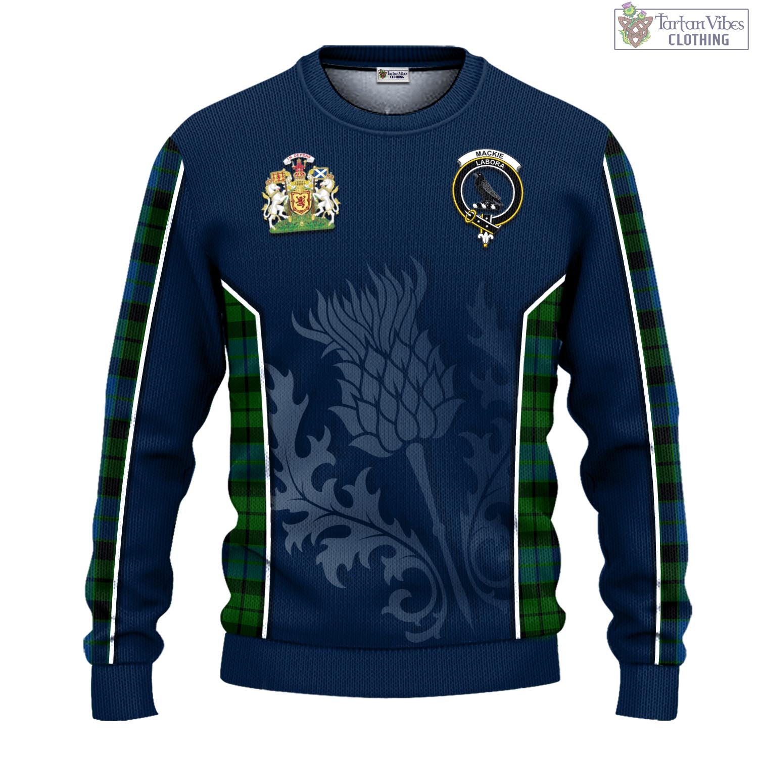 Tartan Vibes Clothing MacKie Tartan Knitted Sweatshirt with Family Crest and Scottish Thistle Vibes Sport Style