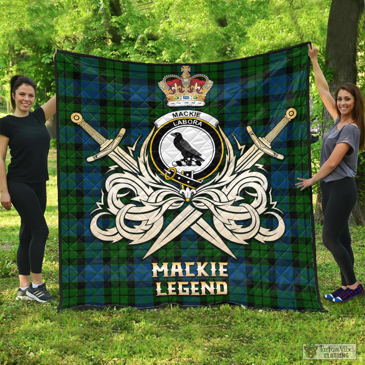 Tartan Vibes Clothing MacKie Tartan Quilt with Clan Crest and the Golden Sword of Courageous Legacy