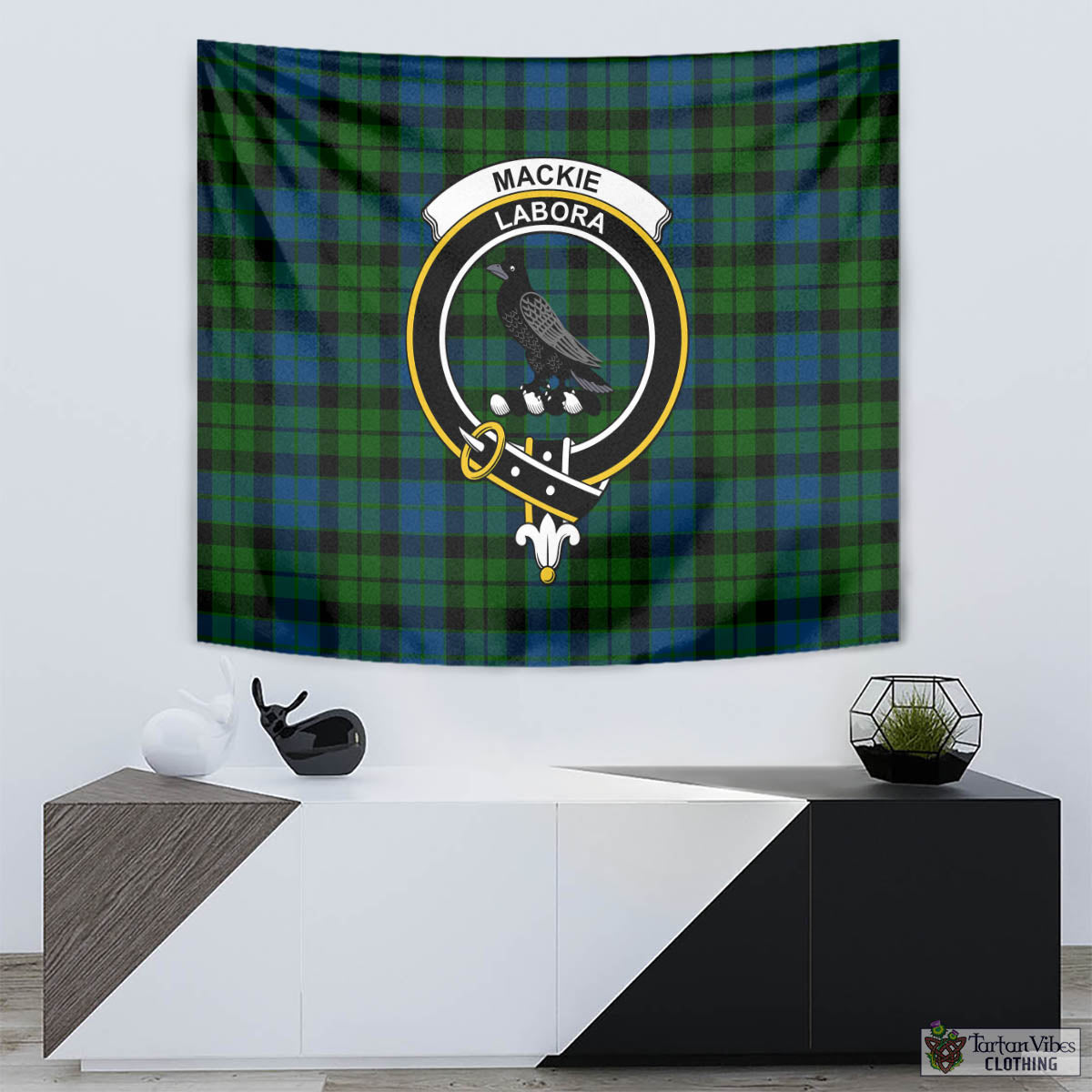 Tartan Vibes Clothing MacKie Tartan Tapestry Wall Hanging and Home Decor for Room with Family Crest