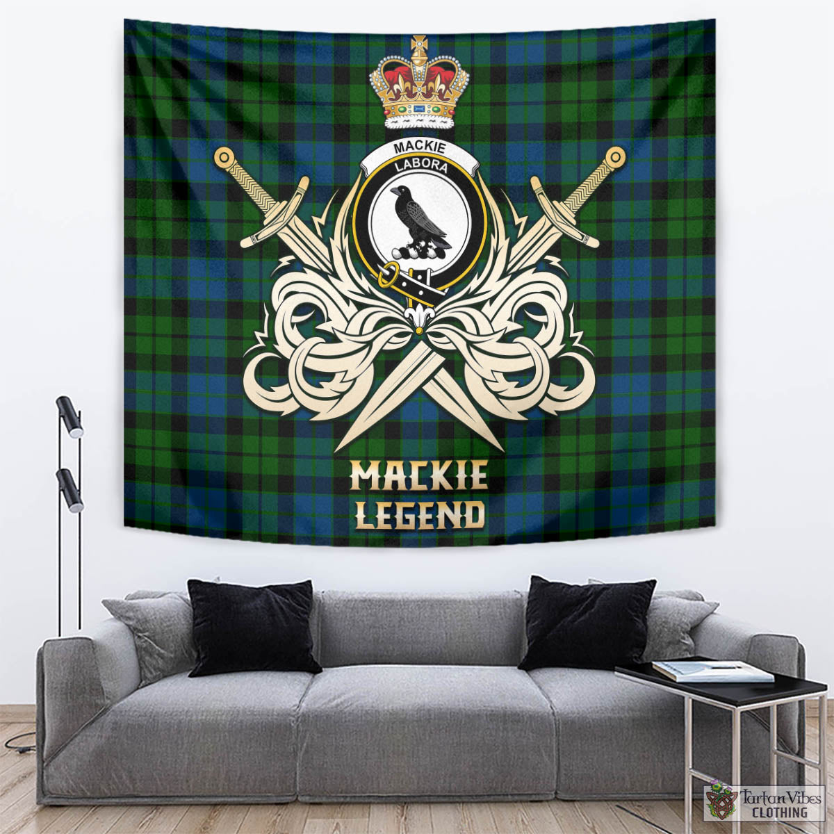 Tartan Vibes Clothing MacKie Tartan Tapestry with Clan Crest and the Golden Sword of Courageous Legacy