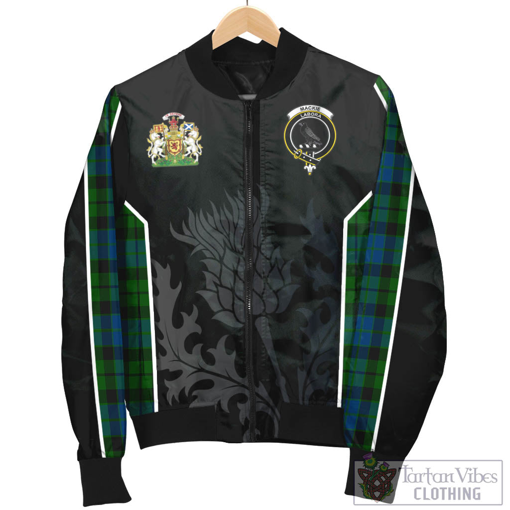 Tartan Vibes Clothing MacKie Tartan Bomber Jacket with Family Crest and Scottish Thistle Vibes Sport Style