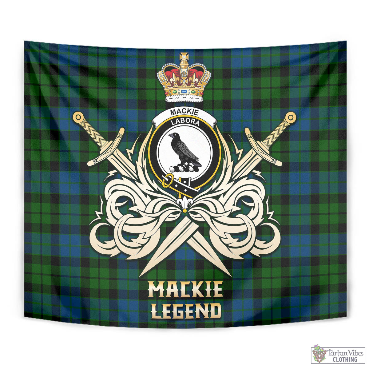 Tartan Vibes Clothing MacKie Tartan Tapestry with Clan Crest and the Golden Sword of Courageous Legacy