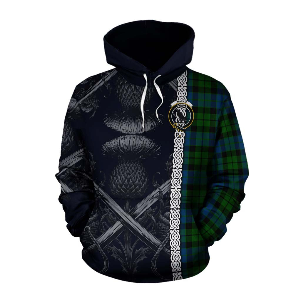 Tartan Vibes Clothing MacKie (McKie) Tartan Cotton Hoodie with Family Crest Cross Sword Thistle Celtic Vibes